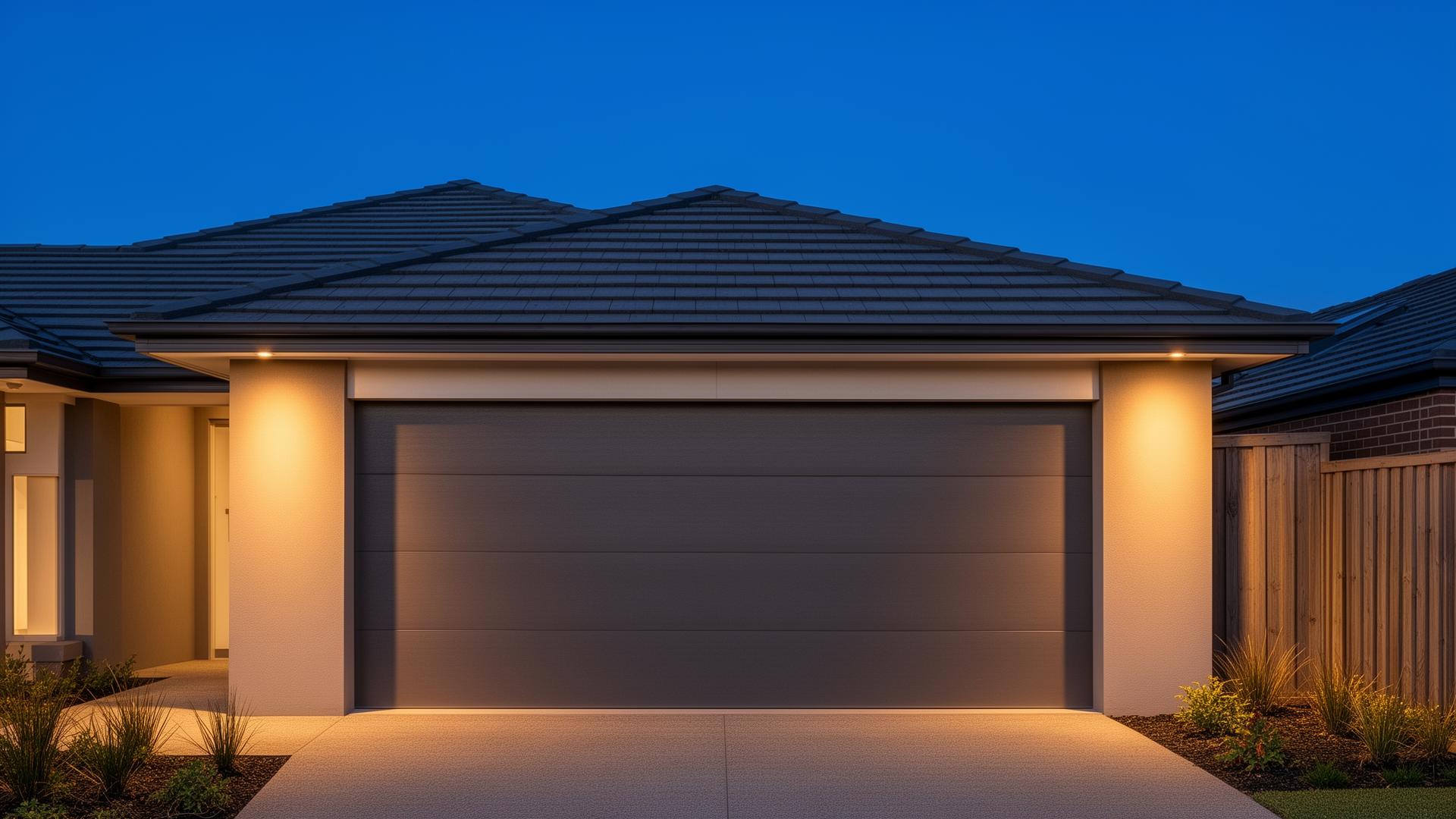 Modern home with sleek garage door at dusk